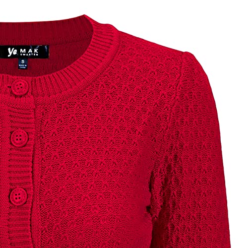 YEMAK Women's Cropped 3/4 Sleeve Crewneck Button-Down Cardigan Sweater