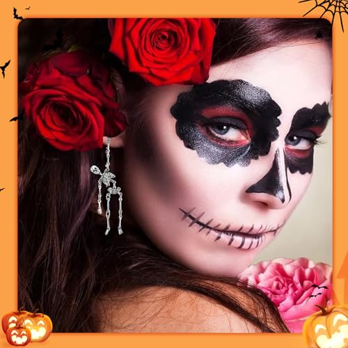 Gothic Skeleton Earrings for Women, Articulated Silver Skull Dangle Jewelry