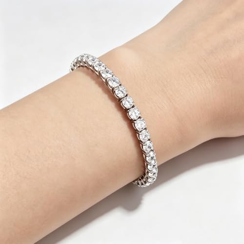 18k White Gold Plated CZ Tennis Bracelet, 4MM Cubic Zirconia Charm Bracelet for Women Men