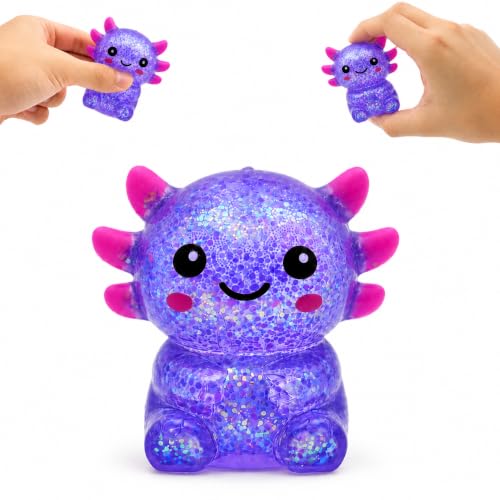Axolotl Squishy Stress Relief Toy for Kids & Adults, Cute Glitter Sensory Fidget Toy, Soft Squeeze Toy for Anxiety Relief, Birthday Party Favor Gift (Purple)
