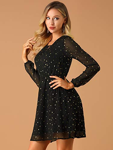 Allegra K Women Metallic Star Choker V Neck Party Flared A-Line Dress
