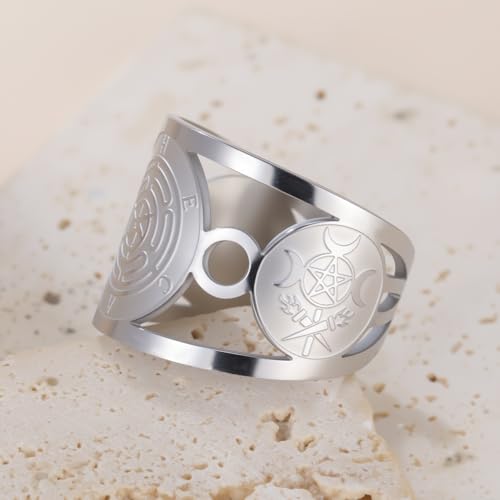 TEAMER Hekate Wheel Ring Stainless Steel Adjustable Hecate's Wheel Ring Wicca Wheel of Hekate Goddess Amulet Jewelry For Women