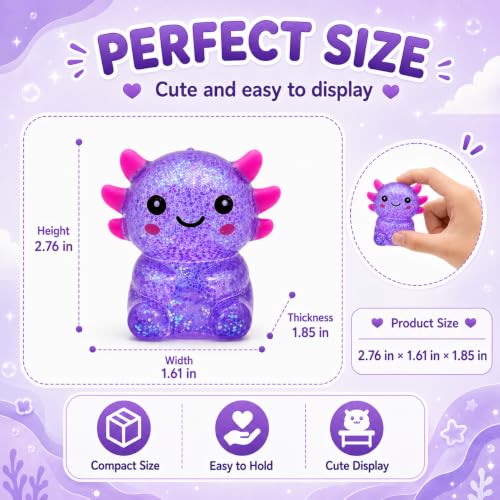Axolotl Squishy Stress Relief Toy for Kids & Adults, Cute Glitter Sensory Fidget Toy, Soft Squeeze Toy for Anxiety Relief, Birthday Party Favor Gift (Purple)