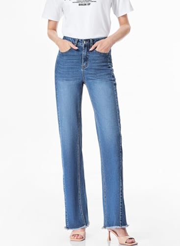Sidefeel Women's Wide Leg Jeans High Waisted Stretchy Raw Hem