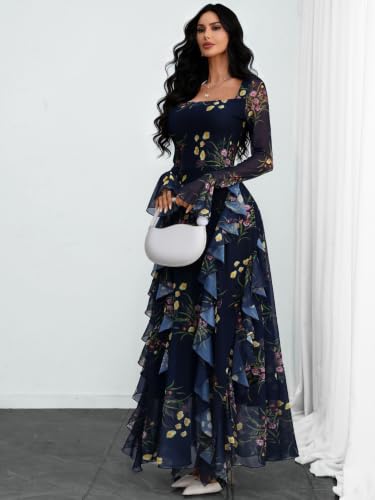 GothDark Women's Floral Dress Long Sleeve Square Neck Ruffle Party Outfit