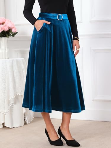 Women's Velvet High Waist A-Line Formal Long Skirt with Belt