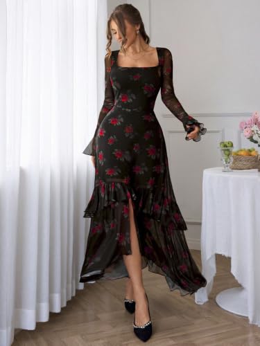 GothDark Women's Floral Mesh Square Neck Fall Wedding Guest Maxi Dress