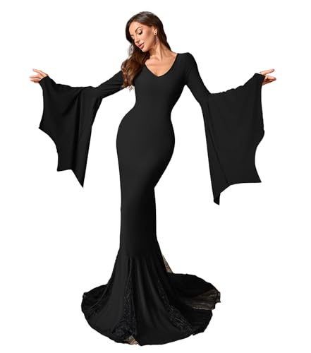 Gothic Mermaid Evening Dress Witch Halloween Morticia Addams Costume, V-Neck Bell Sleeves, Black Lace Train, Floor Length
