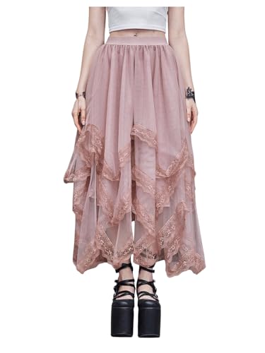 SHENHE Women's Lace Trim Layered Mesh Tulle Skirt Asymmetrical Goth Skirt