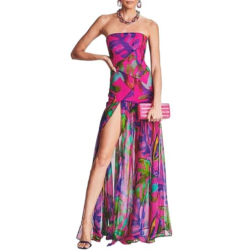 Women Tube Top Dress Tiger Stripe Mesh Patchwork Maxi Dress Strapless Sexy High Slit Long Dresses Beach Vacation