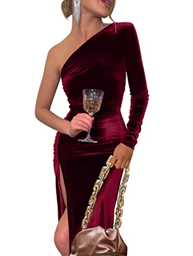 YMDUCH Women's One Shoulder Long Sleeve Ruched Slit Party Dress Main image