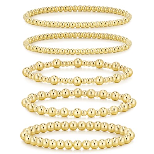 Gold Bracelets for Women Waterproof, 14K Gold Plated Beaded Strand Bead Ball Bracelets stack Adjustable Jewelry Set for Gifts