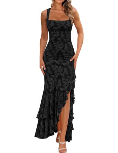 BORIFLORS Women's Elegant Ruched Floral Maxi Wedding Guest Dress