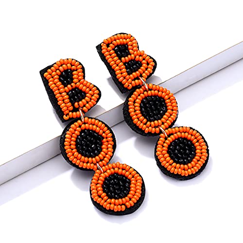 Halloween Beaded Boo Earrings for Women - Spooky Ghost Pumpkin Drop Dangle Jewelry - Handmade Gothic Costume Party Holiday Festive Gifts