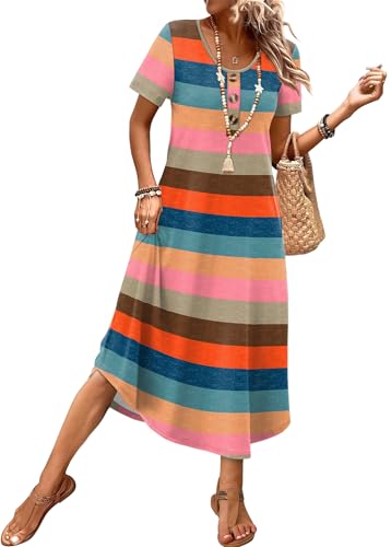 OFEEFAN Summer Dresses for Women 2026 Casual Midi Dresses Beach Vacation Outfits Tshirt Dress with Pockets Resort Wear