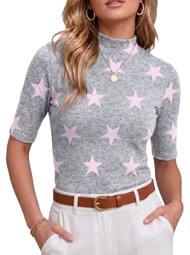 PrinStory Womens Tops Mock Neck Short Sleeve T Shirts Dressy Casual Ribbed Knit Slim Fit Summer Business Going Out Tops 2026