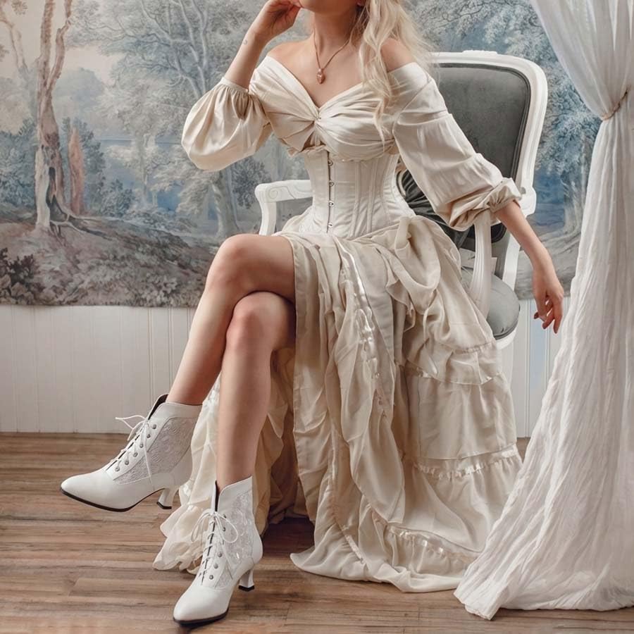 LanreyTaley Victorian Boots Wedding Shoes for Bride Lace up Boots for Women Lace Witch Shoes Renaissance Black