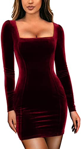 GOBLES Women's Velvet Long Sleeve Square Neck Bodycon Mini Dress Main image