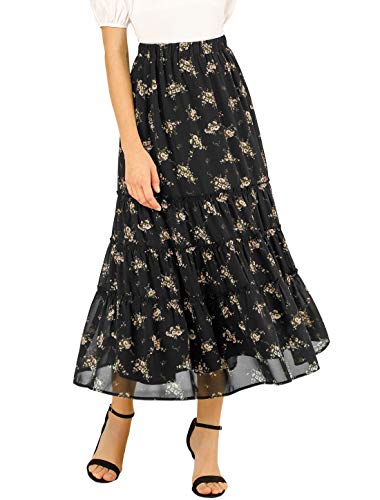 Allegra K Women's Floral Skirt Chiffon A-line Long Tiered Ruffle Maxi Skirt