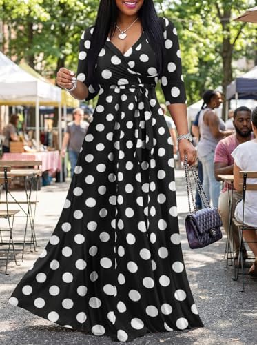 Yajedo Womens Casual Summer Maxi Dress Plus Size Sexy Wrap V Neck 3/4 Sleeve Sundress with Pockets