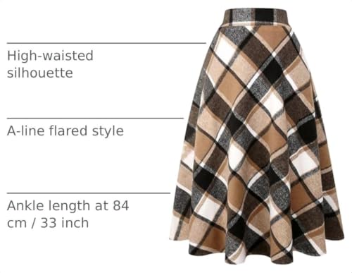 Long Plaid Wool Skirt for Womens Winter Fall Warm High Elastic Waist A line Flared Pleated Wool Tartan Skirts