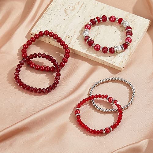 Noessla Beaded Pearl Stretch Bracelet Silver Stackable Crystal Beads Bracelets Trendy Costume Jewelry Mothers Day Gifts for Women