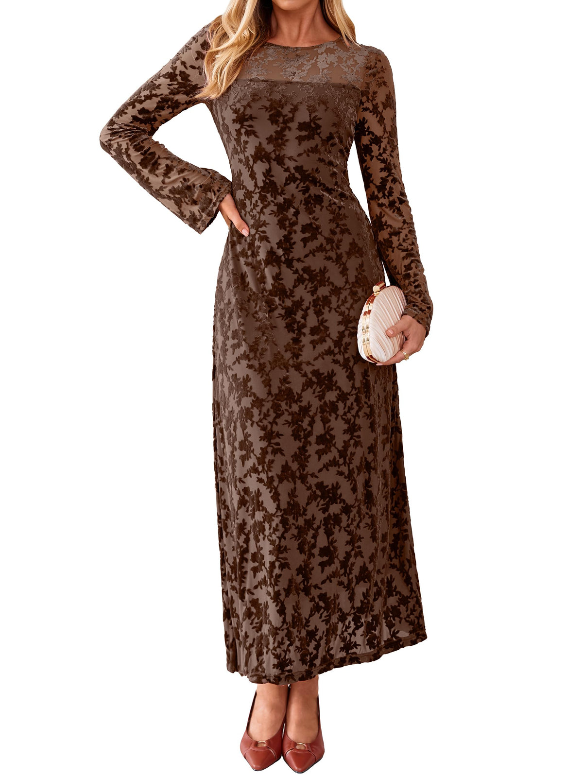 Simplee Womens Velvet Long Sleeve Fall Formal Wedding Guest Maxi Dress
