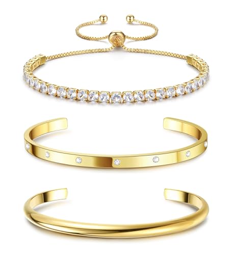 14K Gold Bracelets for Women Trendy Bangle Cuff Tennis Bracelets Set