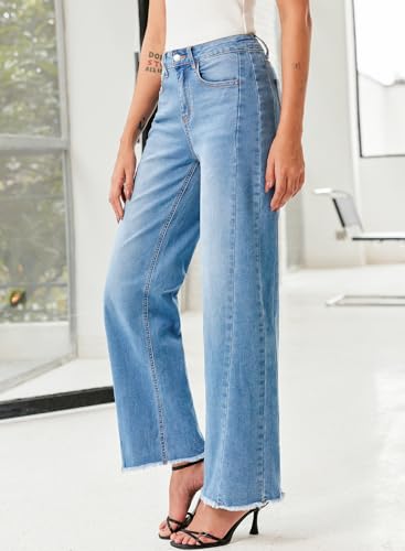 Sidefeel Women's Wide Leg Jeans High Waisted Stretchy Raw Hem