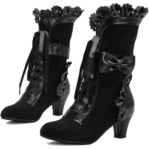 LanreyTaley Women Sweet Bow Boots Mid Heels Lace Up Victorian boots Mid Calf Kawaii Boot