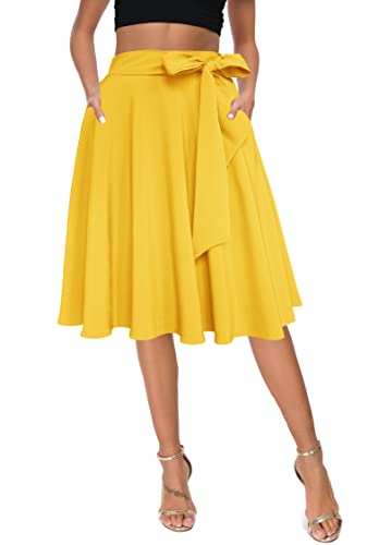 Womens Vintage High Waist A-Line Skater Skirt Flared Midi Skirt with Pockets