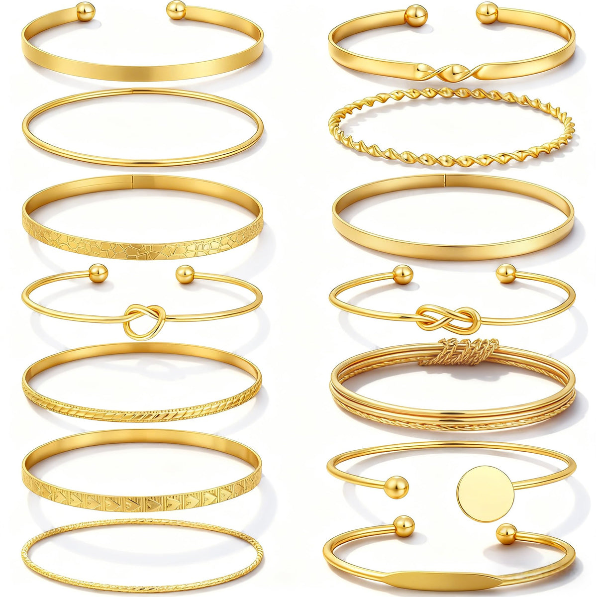 Gold Bangle Bracelets for Women, 14 Pcs Multi Layer Stackable Bangle Set, 14K Gold Plated Textured Chunky Bracelets Boho Jewelrys Set