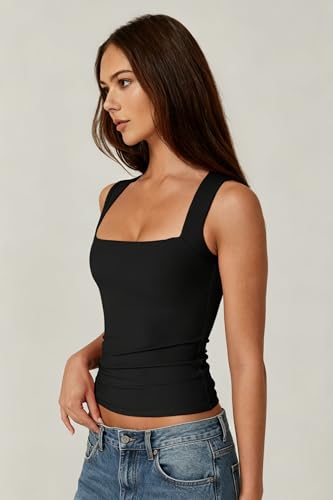 QINSEN Women's Square Neck Sleeveless Double-Layer Tank Tops Basic Tight T Shirts