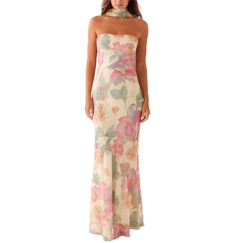 Women Floral Tube Maxi Dress with Scarf Summer Strapless Tube Bodycon Mesh Layer Cocktail Party Wedding Guest Dress