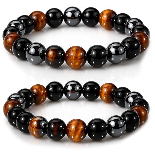 WFJ Black Obsidian Hematite Triple Protection Bracelets Set - Tiger Eye Beaded Natural Stone Bracelet for Men Women Gemstone (10MM)