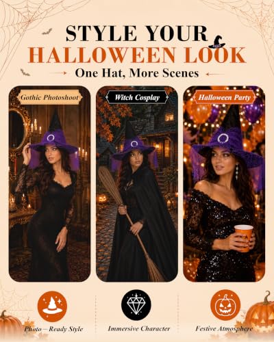 Edoneery Halloween Witch Hat for Women, Mesh Lace Cosplay Costume Accessory