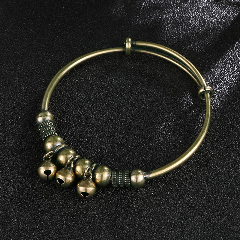 Vintage Bell Bracelet for Women, Bronze Adjustable Bangle, Retro Ethnic Charm Bracelet Tribal Brass Style Wristband Dangling Jingle Bells Boho Statement Festival Hand Accessory Jewelry