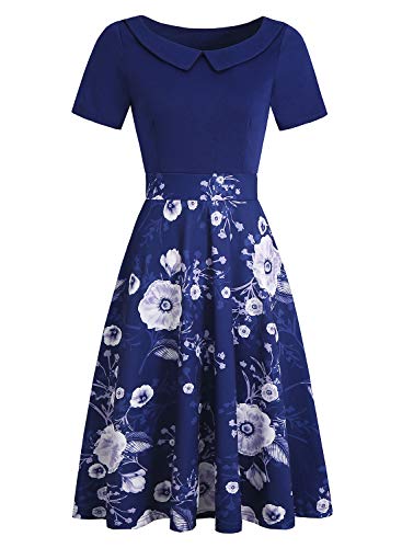 Women's Elegant Vintage Dresses Knee Length Casual Floral Print Work Party Peter Pan Collar A-Line Dress with Pockets 978