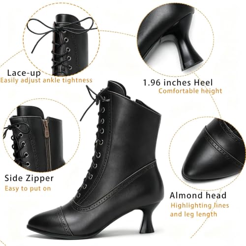 LanreyTaley Victorian Boots for Women Vintage Granny Boots Renaissance Ankle Boots Low Heel Lace Up Booties with Zipper