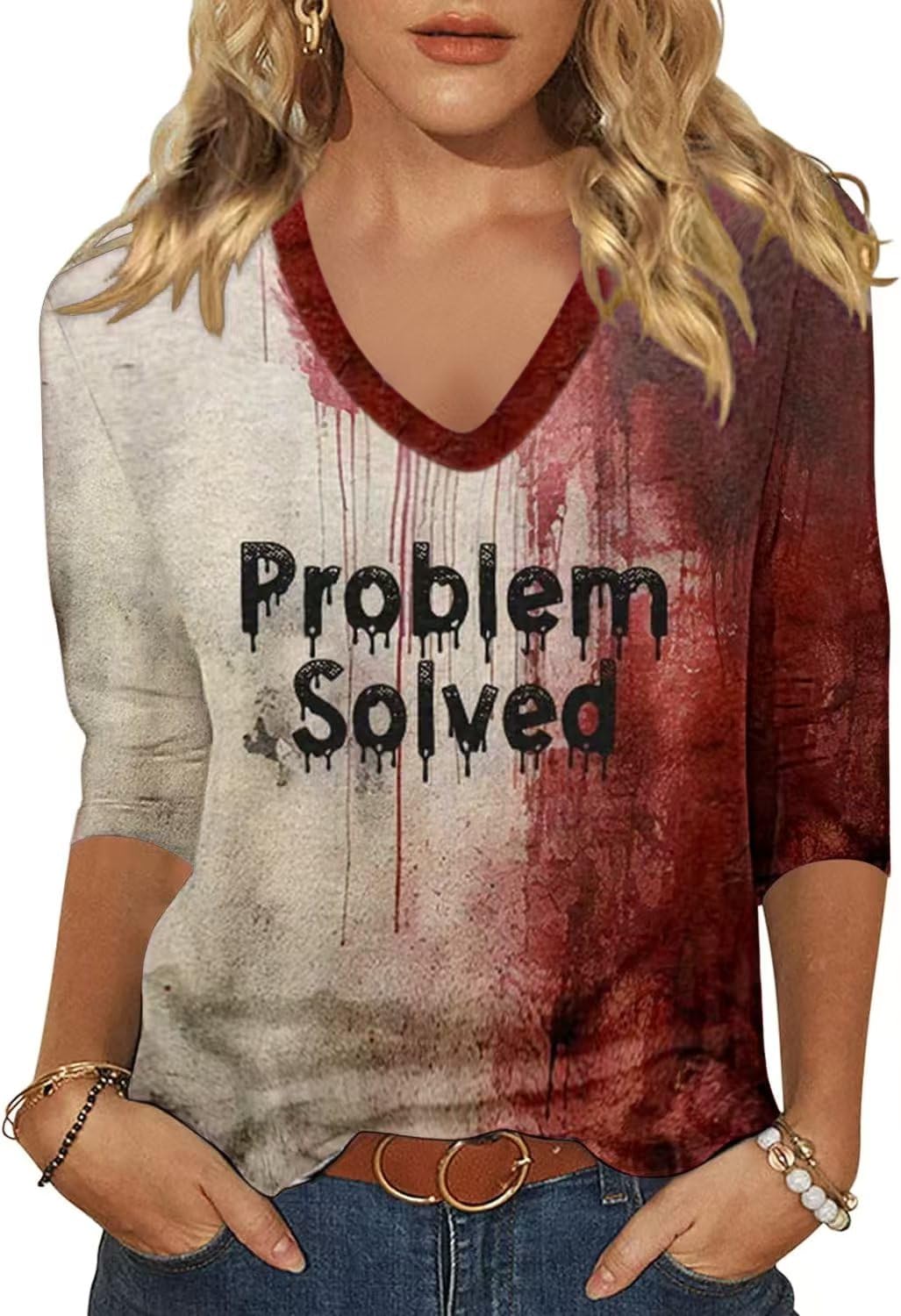 Womens Fall Halloween 3/4 Sleeve V Neck Shirts