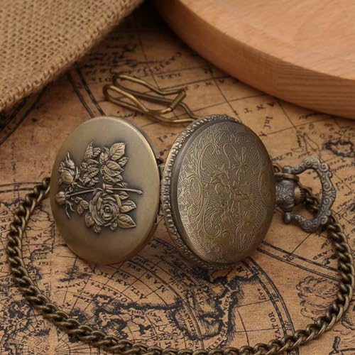 Vintage Quartz Pocket Watch with Flower Pattern Cover and Chain for Wo