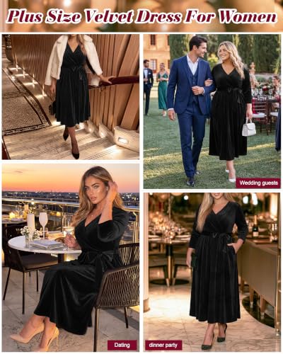 Women's Plus Size Velvet Dress V Neck Wrap Midi Black XL
