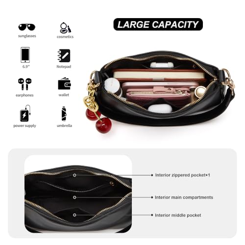 Black Cute Hobo Cherry Shoulder Bag — Retro Clutch with Removable Straps