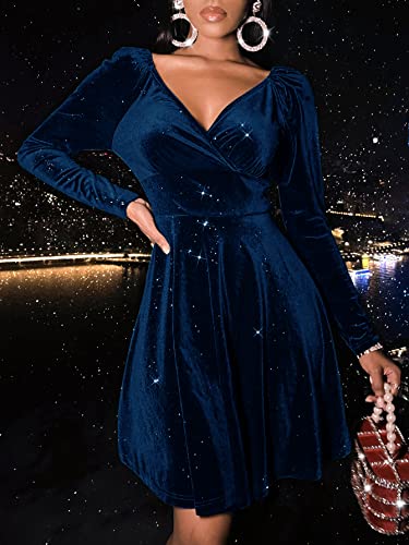 Womens Wrap V Neck Long Sleeve Velvet Glitter A Line Cocktail Party Swing Fit and Flare Skater Mini Dress