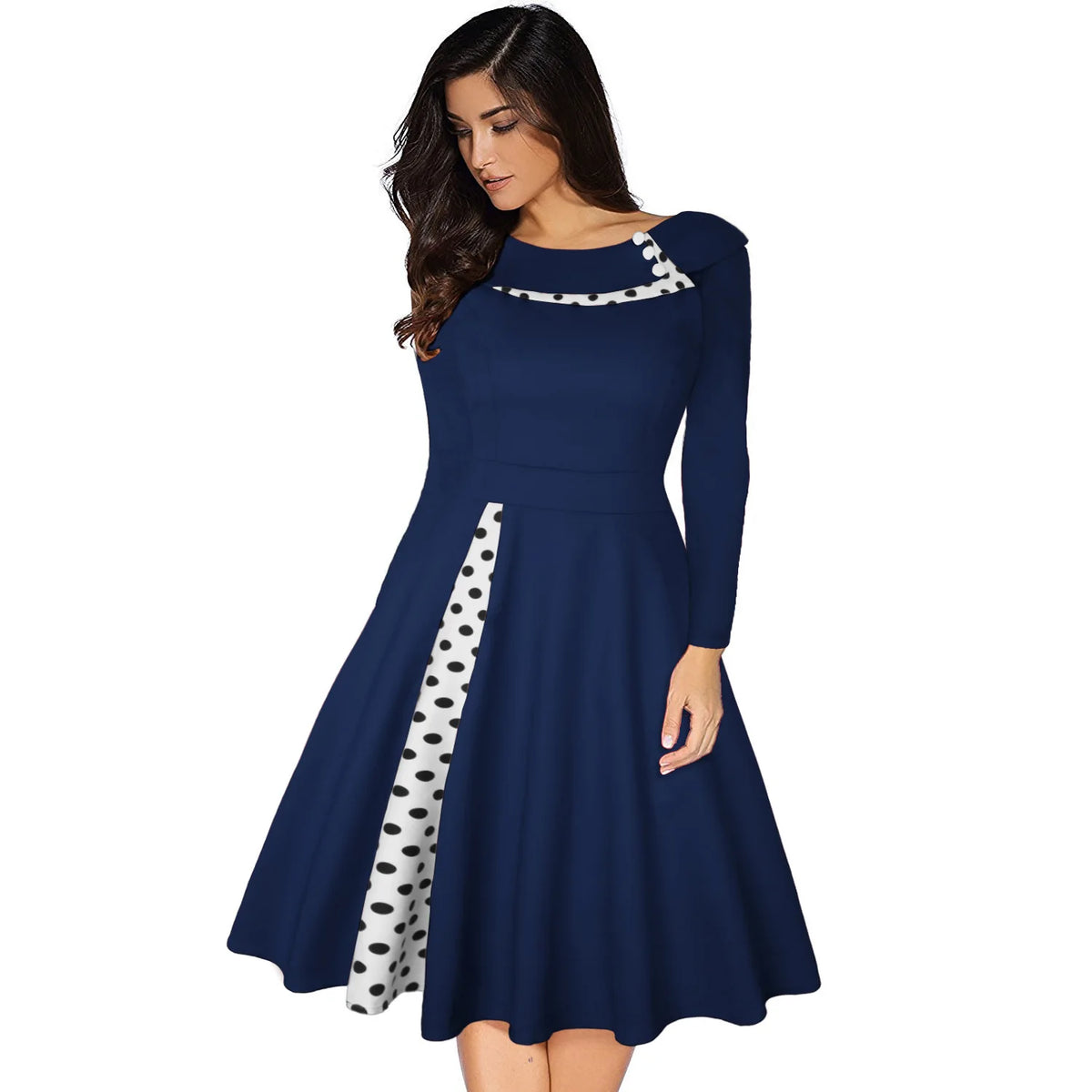 Dress Rockabilly Polka Dot Print Sexy Patchwork Long Sleeve High Waist Swing Casual Party Midi Vestidos Robe