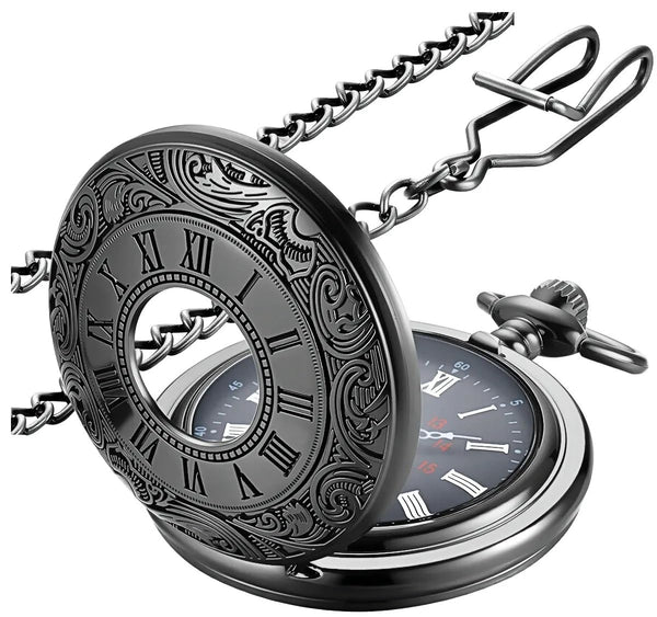 Vintage Roman Numeral Quartz Pocket Watch with Chain