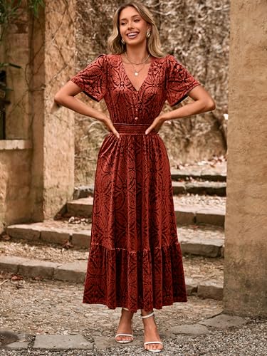 Simplee Womens Fall Velvet Dress Short Sleeve V Neck Floral Maxi Dress Long Formal Winter Wedding Guest Dresses Secondary image