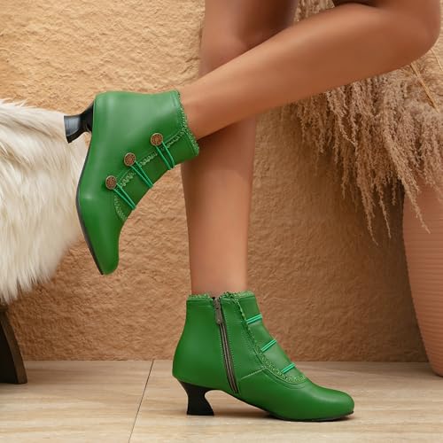 Women's Ankle Boots Low Heels Lace Buttons Round Toe Side Zipper Vintage Short Boots Autumn Winter