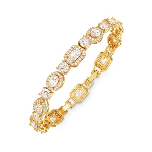 Tennis Bracelet for Women, 14K Gold Plated CZ Bracelet with AAAAA Cubic Zirconia, Hypoallergeni 6.7 Inch Sparkling Halo Tennis Bracelet