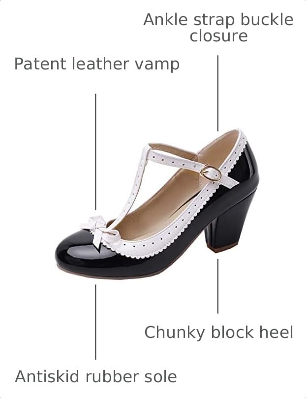 Bellirala Womens Rockabilly Shoes T-Strap Mary Jane Block High Heel Closed Toe Pumps
